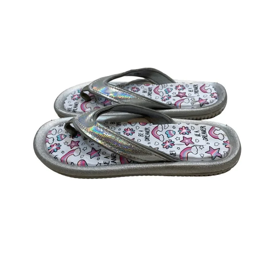 New without tags Girls Silver‎ and Rainbow Printed Flip Flops Size 1-2